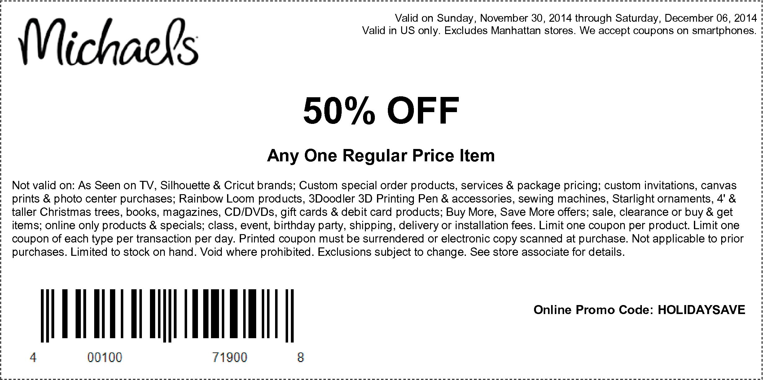 Michael's 50% off 1 regular item (Printable coupon) Ends July 14