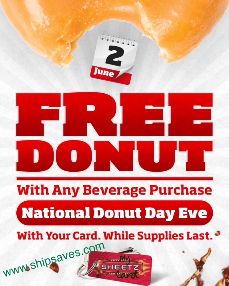 Free Donut at Sheetz with Beverage purchase June 2 SHIP SAVES