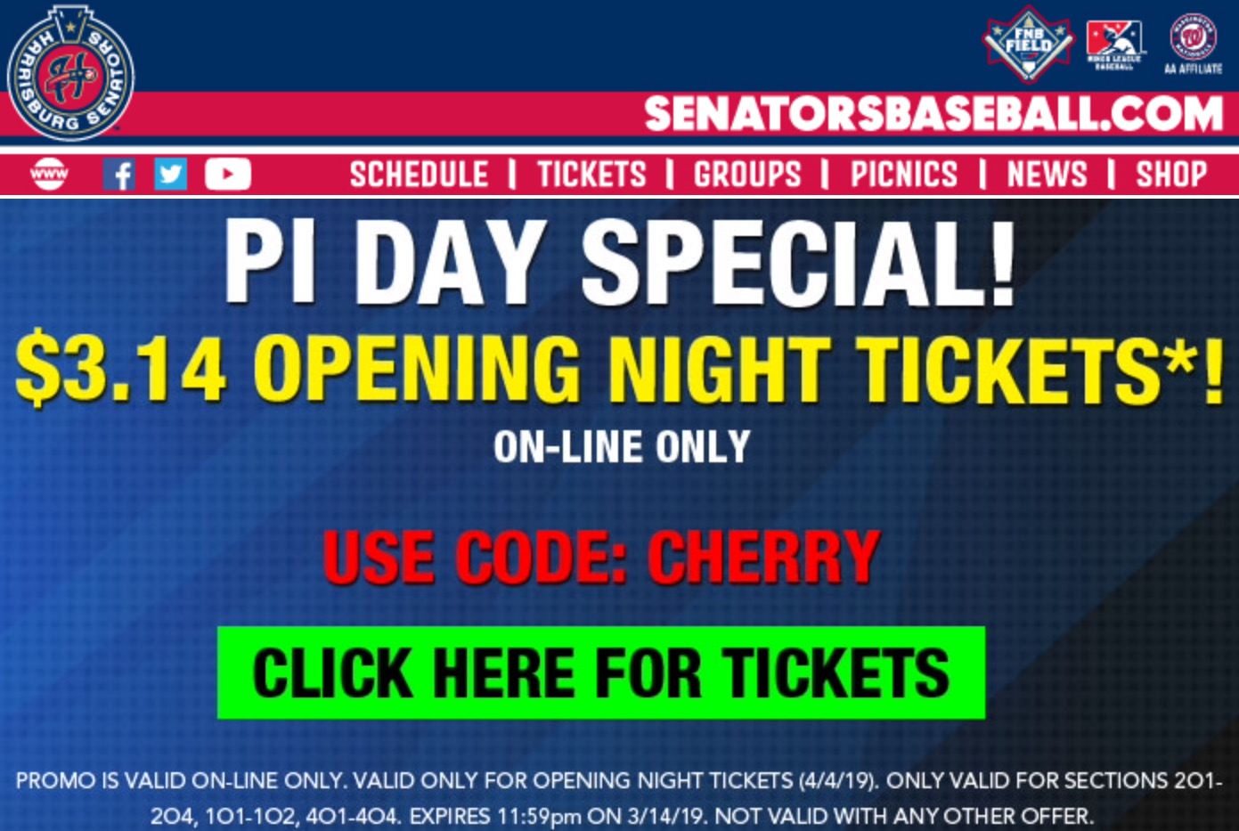 Harrisburg Senators Pi Day Special (TODAY only) SHIP SAVES