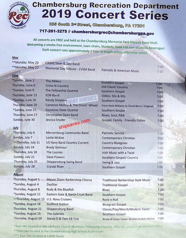 Chambersburg Memorial Park’s 2019 Summer Concert Schedule SHIP SAVES